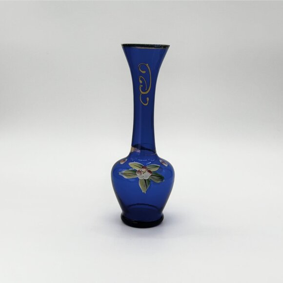 Vintage Bohemian Cobalt Blue Bud Vase Gold Gilt, Hand Painted 8" tall - Picture 8 of 11